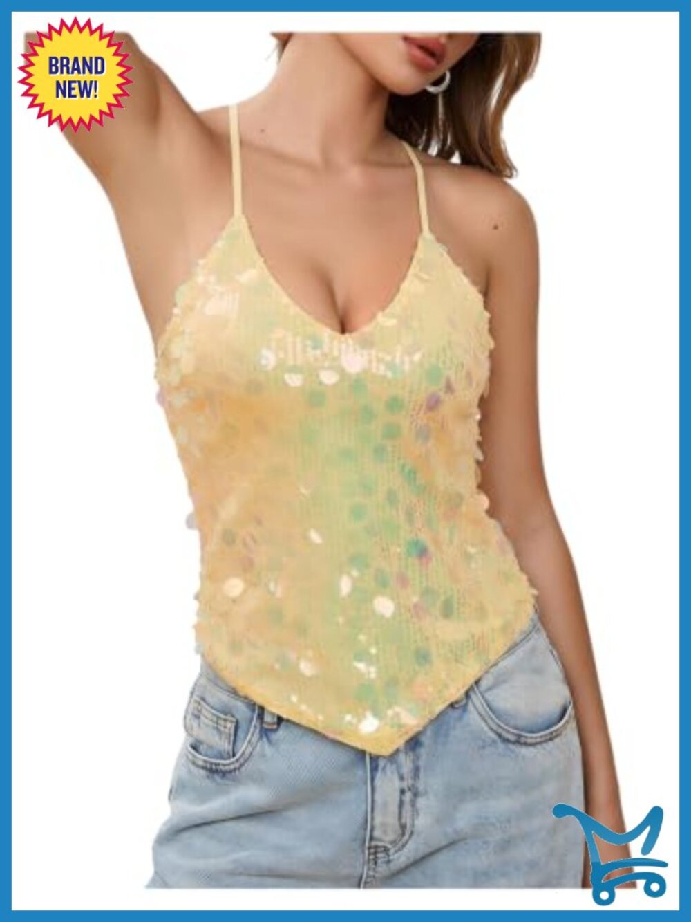 Sequin Sparkly Halter Top V Neck Backless Disco Outfit Women's Sleeveless Tank